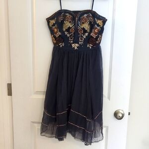 Embroidered Free People Strapless Navy Dress
